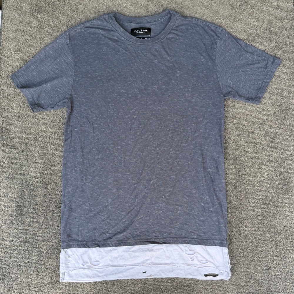 PacSun Mens Longer‎ Fit Layered T-Shirt Grey White Distressed Hem Small RN090233